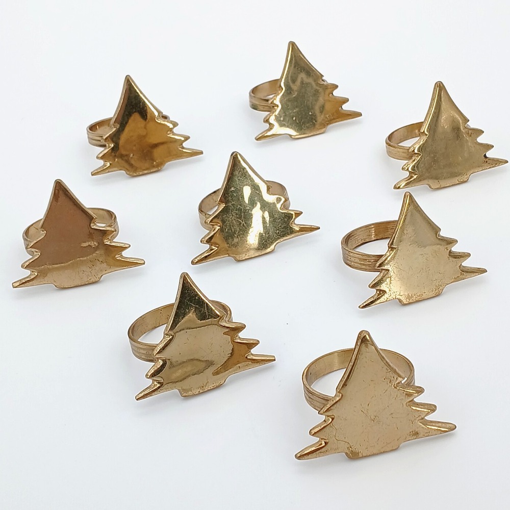 Solid Brass Christmas Tree Napkin Holder Rings Vintage 1.75" Tall Set of 8